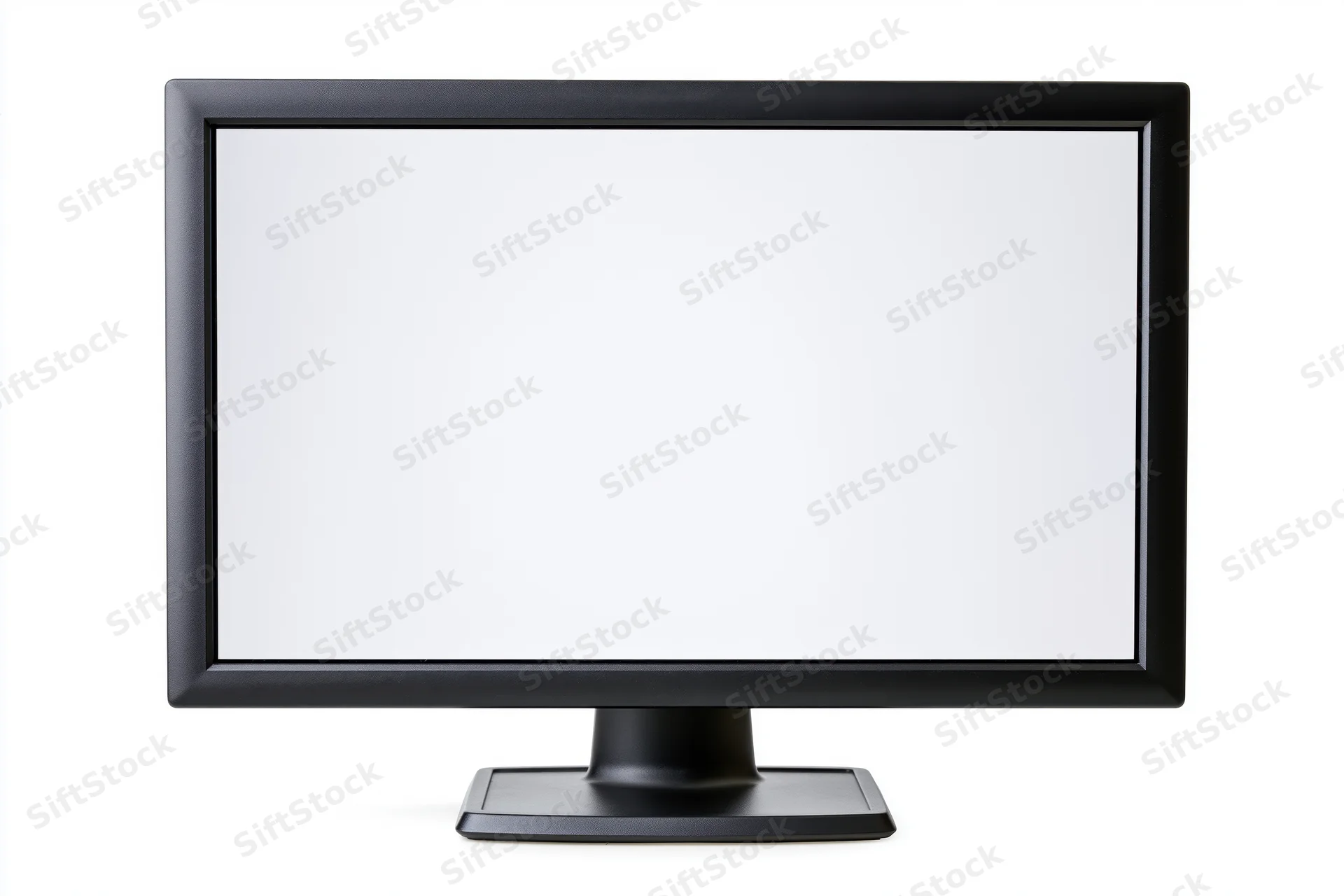 Black widescreen desktop computer monitor with blank white screen isolated on white background