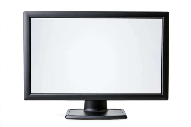 Black widescreen desktop computer monitor with blank white screen isolated on white background