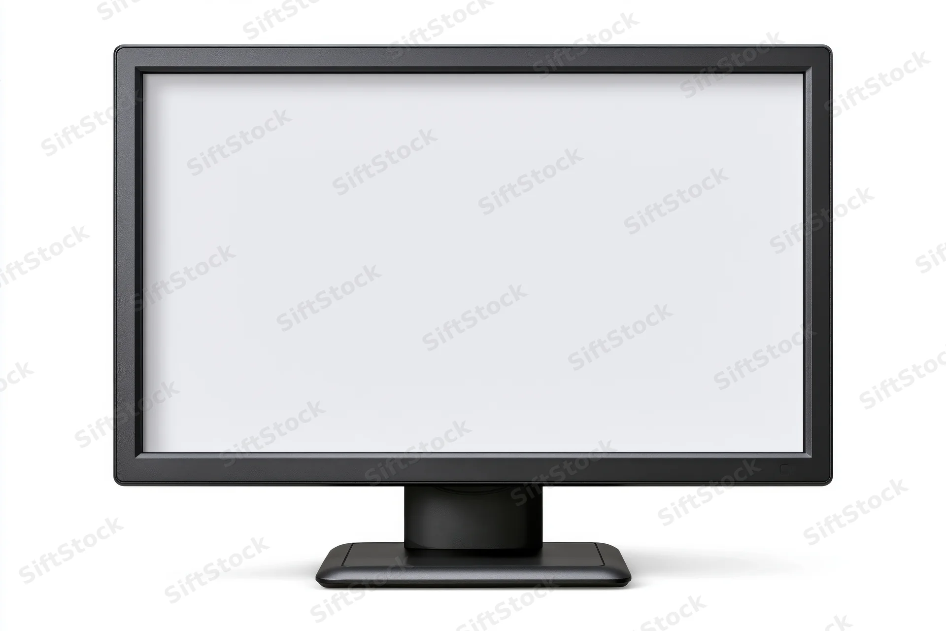 Black widescreen desktop computer monitor with blank white screen isolated on white background