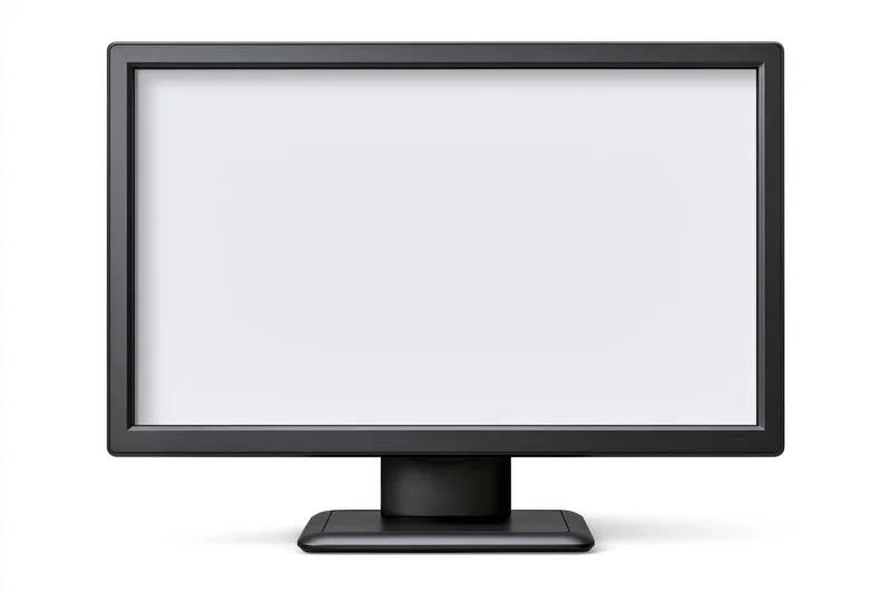 Black widescreen desktop computer monitor with blank white screen isolated on white background