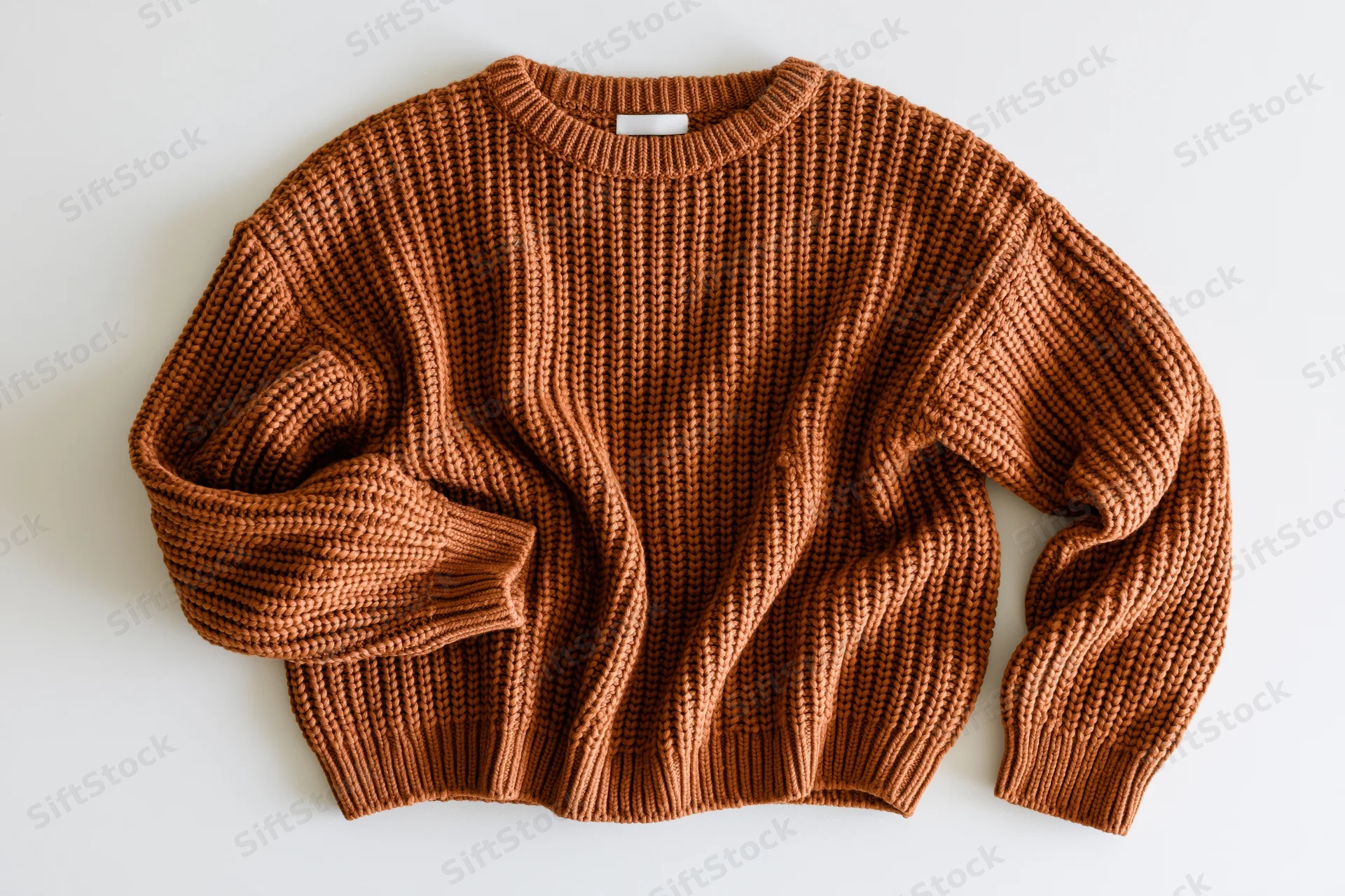 Brown chunky knit sweater laid flat on white surface