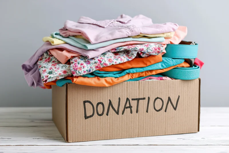 Cardboard box filled with folded clothes labeled donation on wooden surface