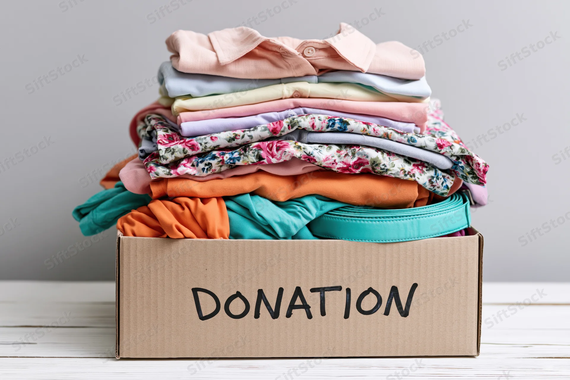 Cardboard box labeled donation filled with folded clothes on a white surface