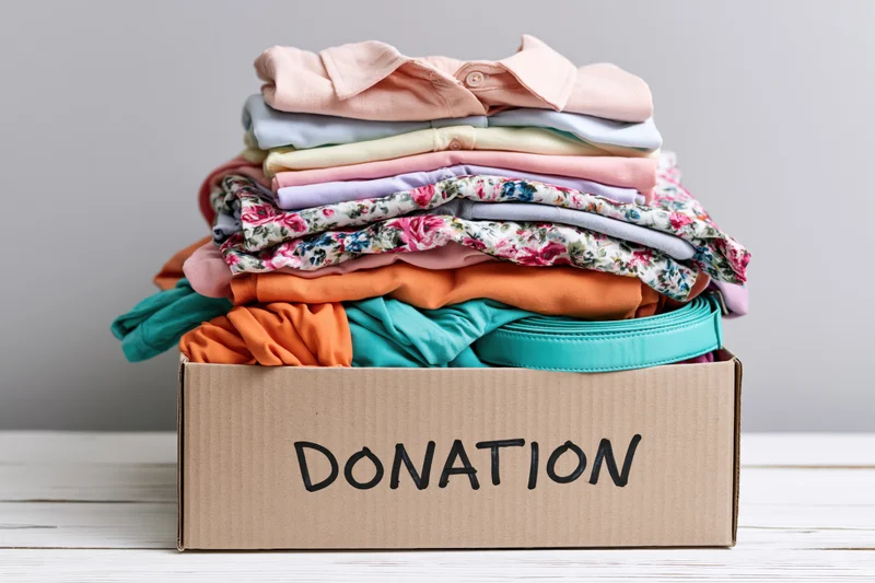 Cardboard box labeled donation filled with folded clothes on a white surface
