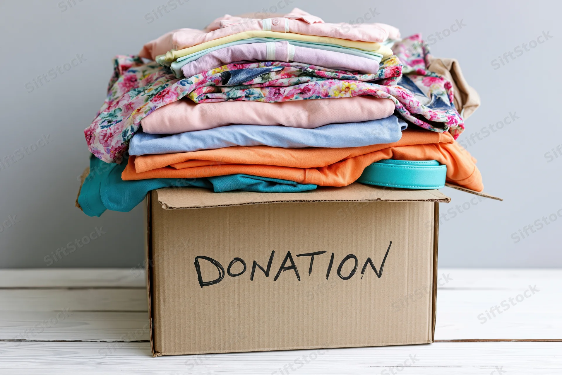 Cardboard box labeled donation filled with folded colorful clothes on wooden floor