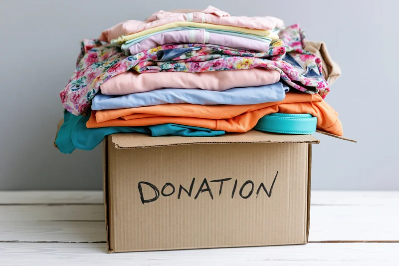 Cardboard box labeled donation filled with folded colorful clothes on wooden floor