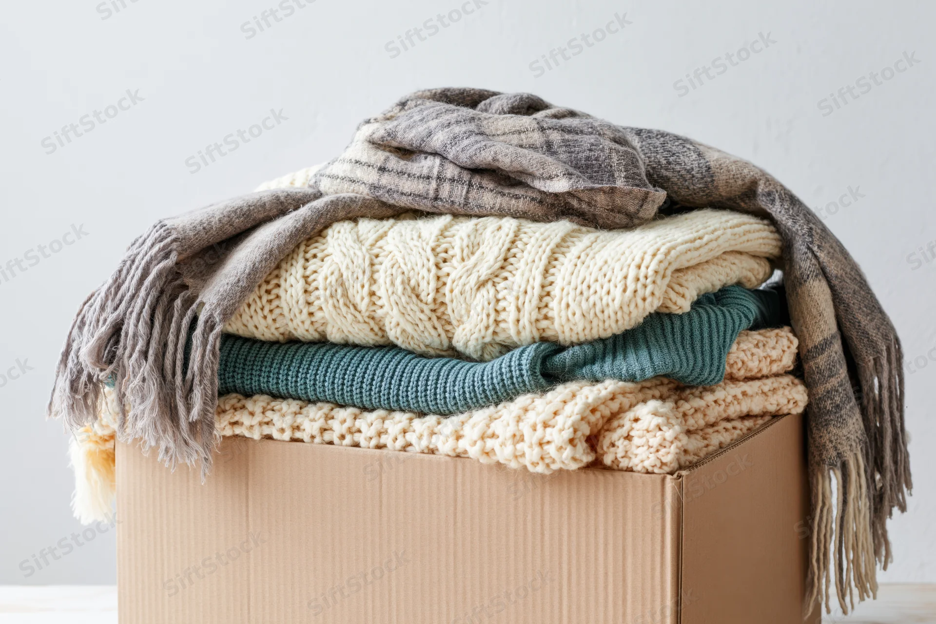 Folded knitwear and scarf stacked in a cardboard donation box
