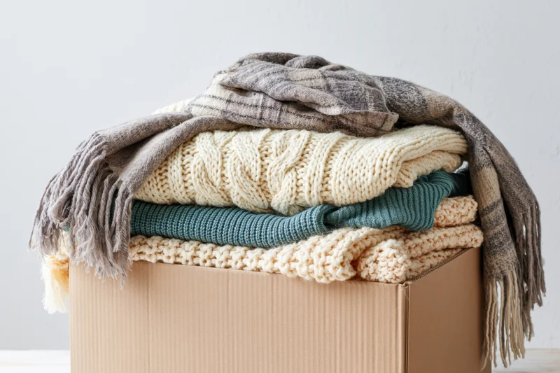 Folded knitwear and scarf stacked in a cardboard donation box
