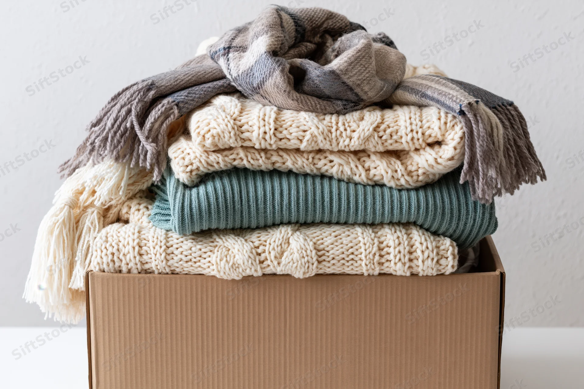 Stack of folded sweaters and scarves in a cardboard donation box