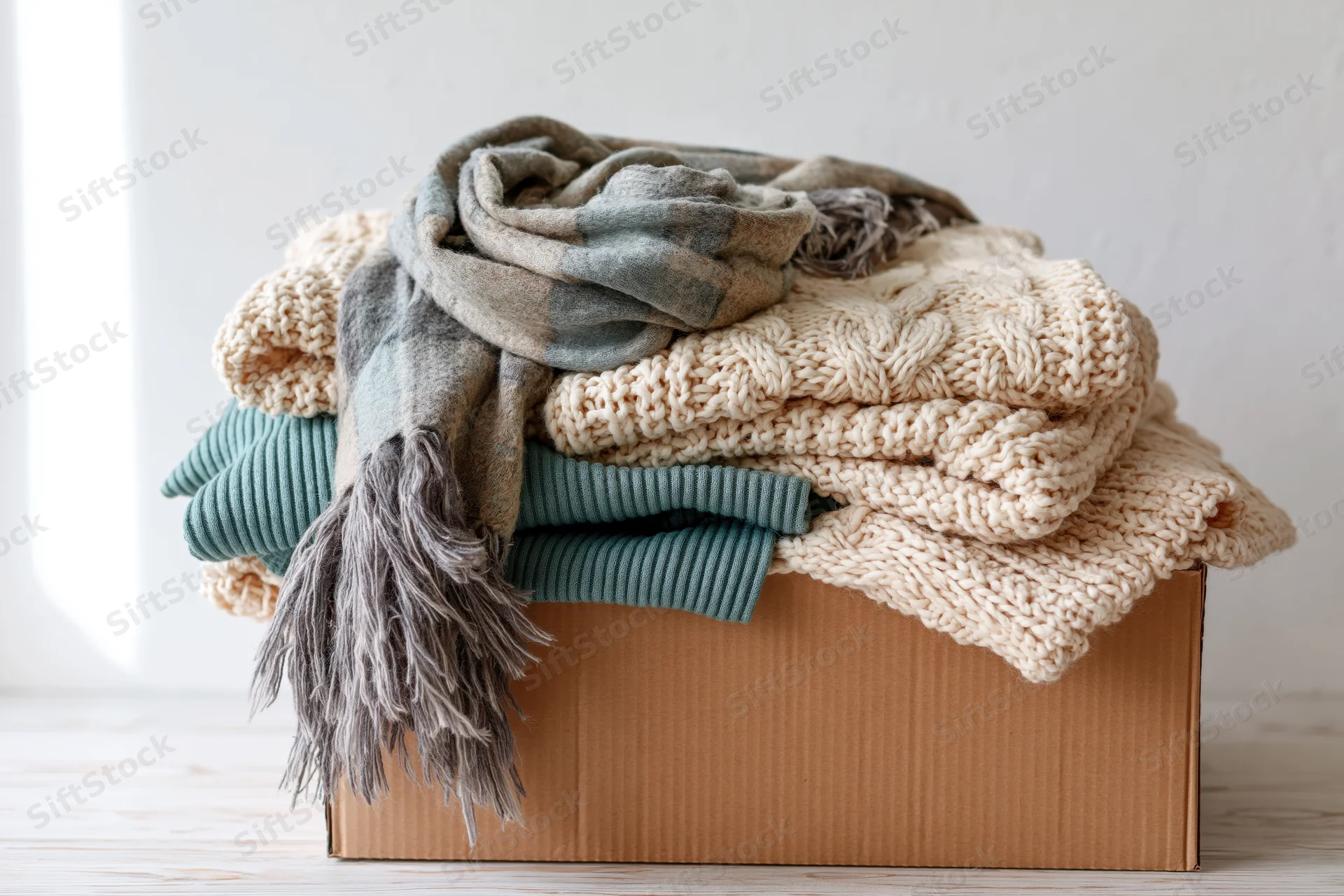 Cardboard box filled with folded knit sweaters and a scarf, placed on a light wooden surface near a window
