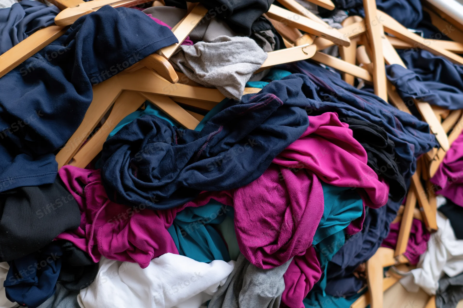 Chaotic pile of mixed clothing and wooden hangers dumped together in a heap