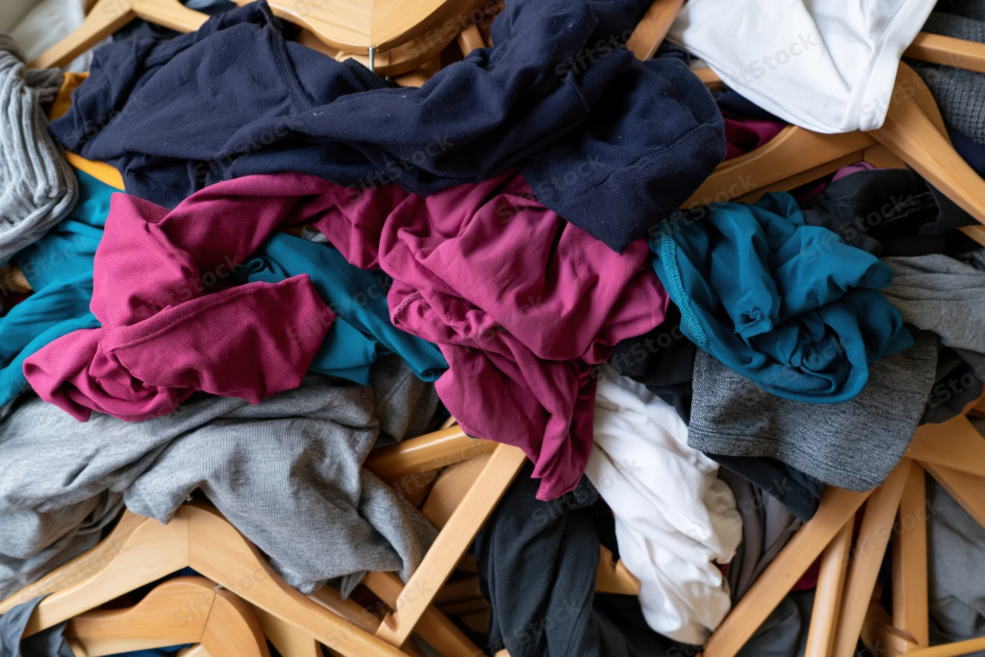 Chaotic pile of mixed clothing and wooden hangers dumped together