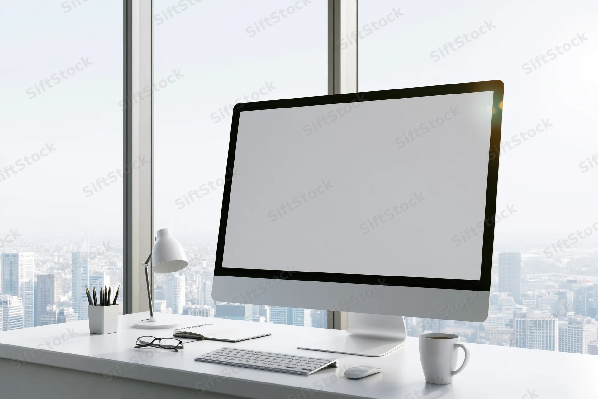 All-in-one computer on a white desk with city view through large window