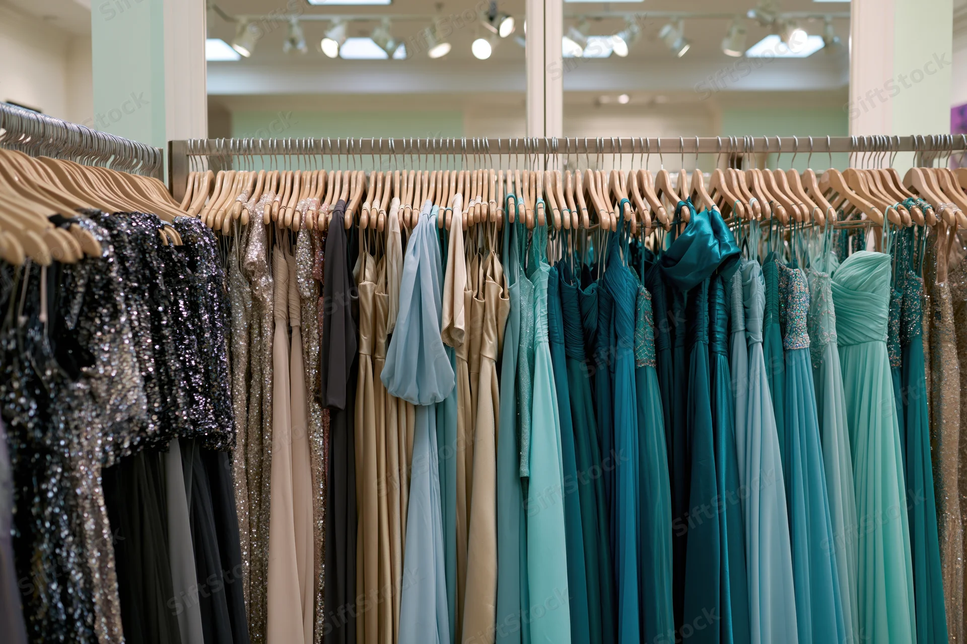 Formal dresses and gowns hanging on a rack in a boutique store display