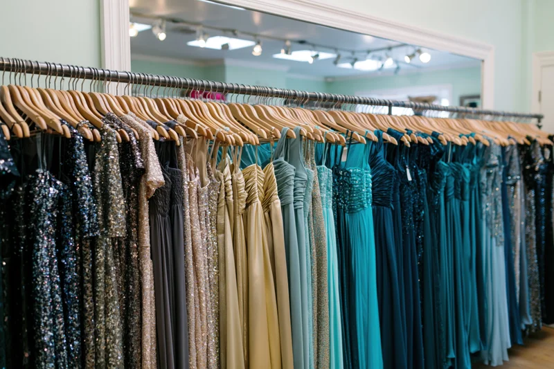 Formal dresses and gowns hanging on a wooden rack in a boutique store display