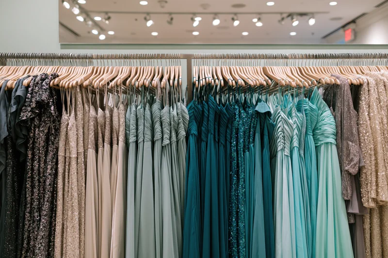 Formal dresses and gowns hanging on wooden hangers in a retail store display