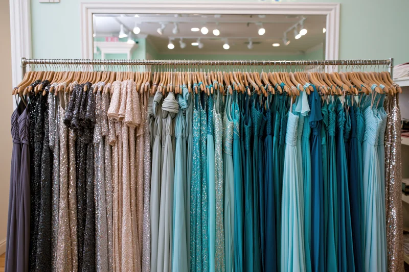 Formal dresses hanging on a rack in a boutique store display