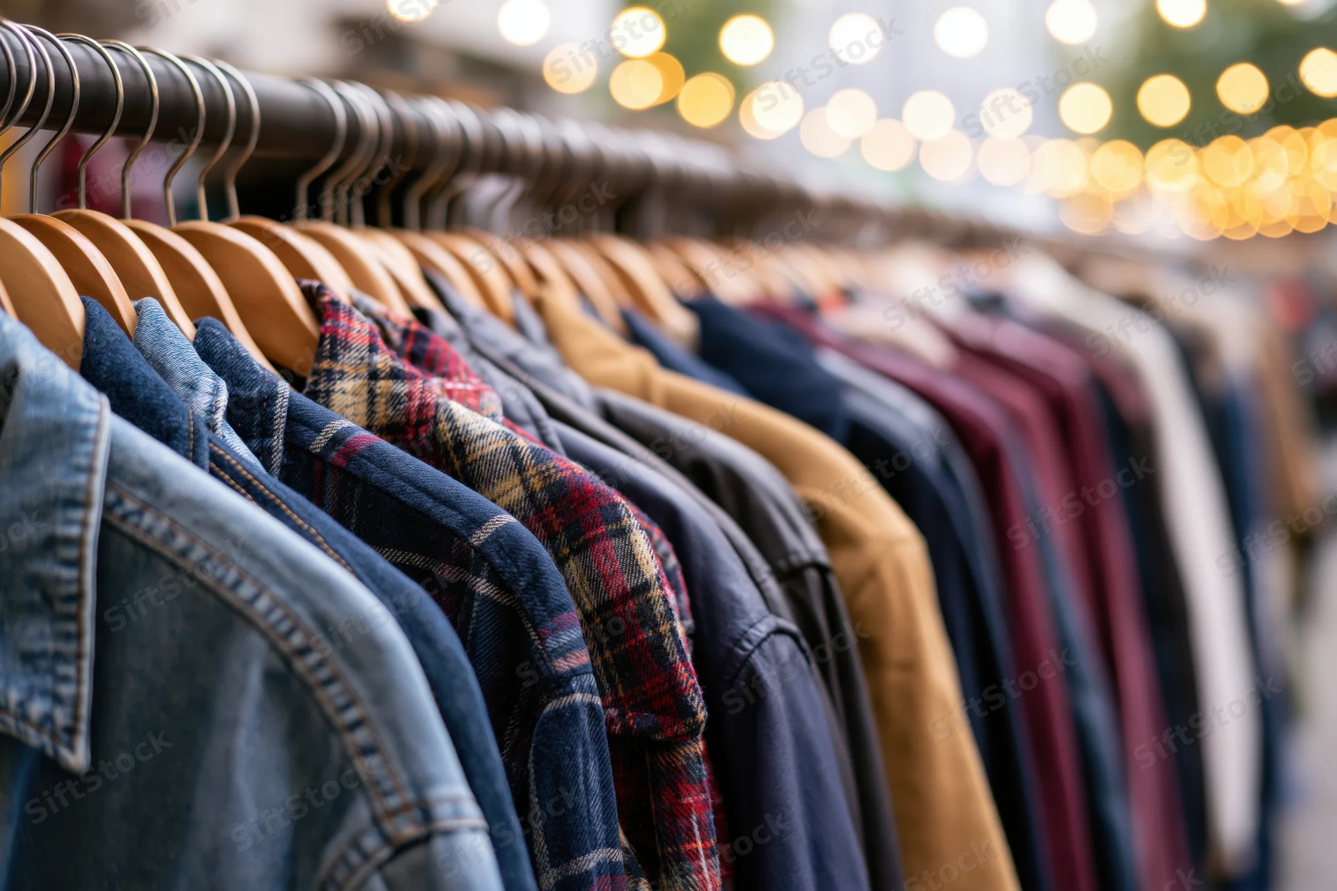 Clothing rack filled with jackets and shirts on wooden hangers in a store with warm string lights in the background