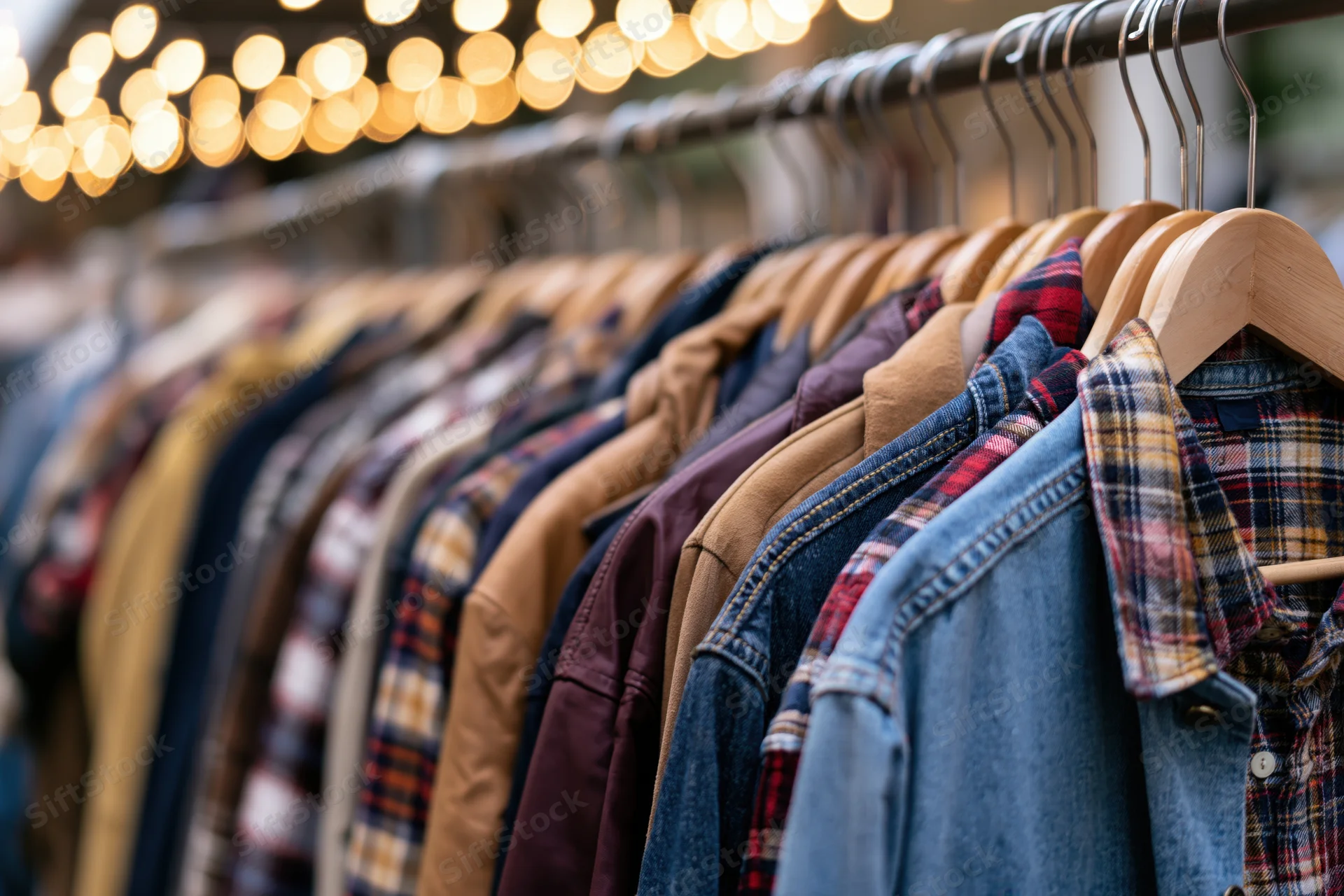 Row of jackets and shirts on wooden hangers in a clothing store display