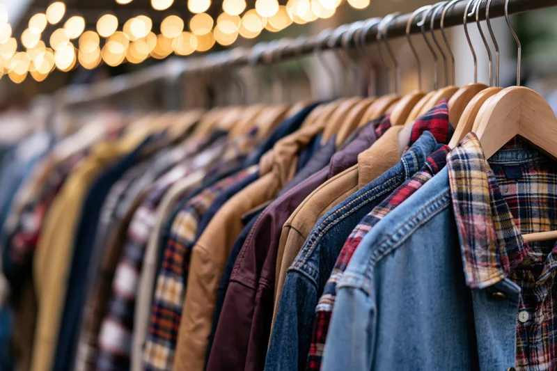 Row of jackets and shirts on wooden hangers in a clothing store display