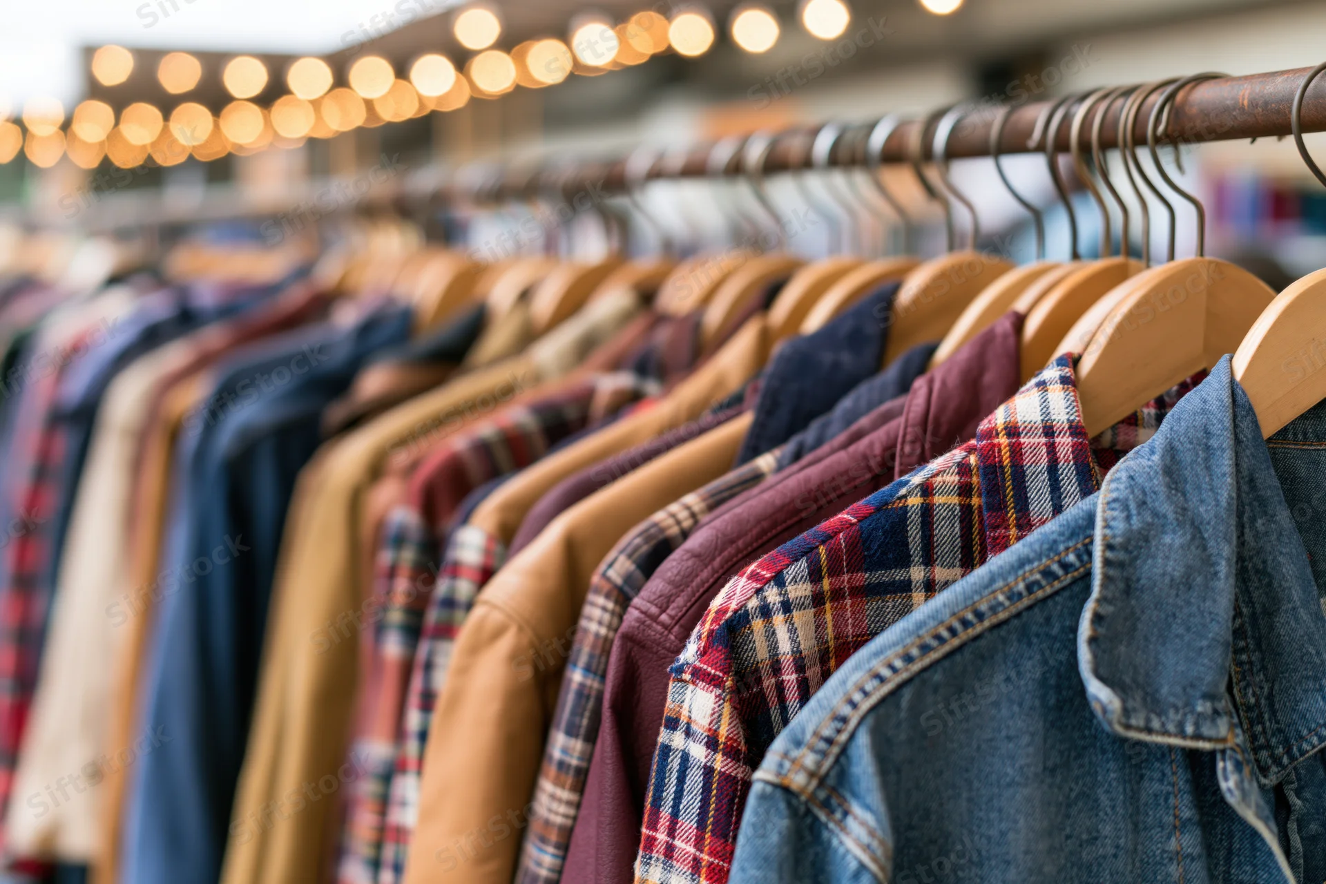 Row of jackets and shirts on wooden hangers in a clothing store display