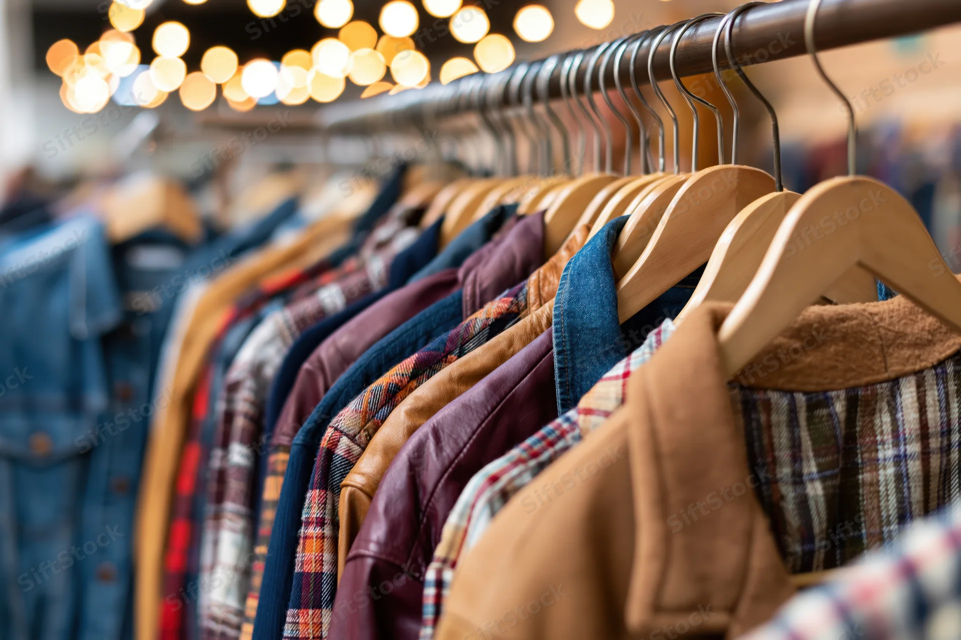 Clothing rack filled with jackets and shirts on wooden hangers in a store display