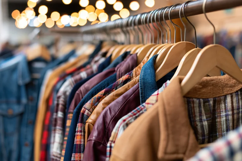 Clothing rack filled with jackets and shirts on wooden hangers in a store display