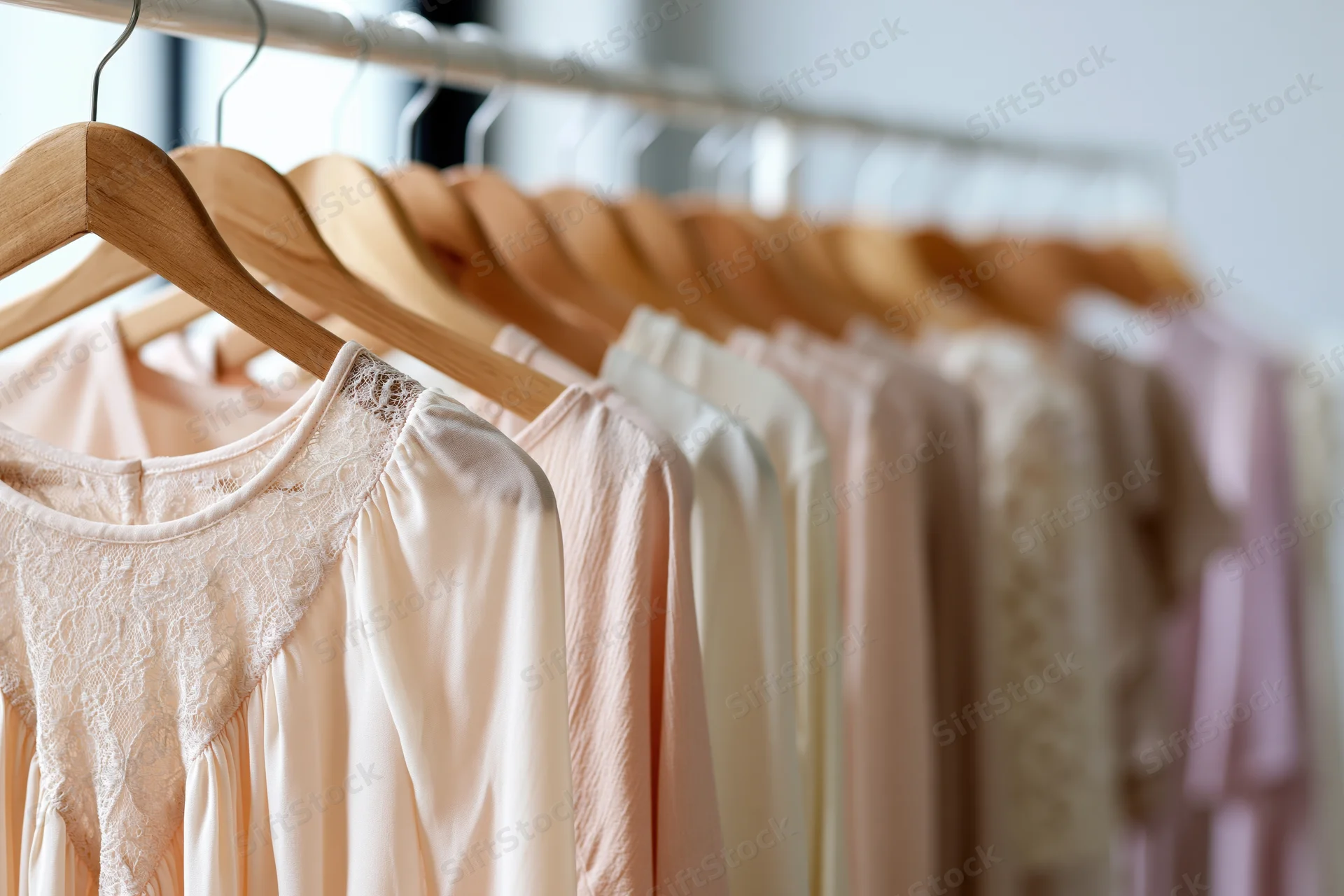 Women's pastel garments hanging on wooden hangers in a clothing rack
