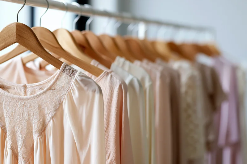 Women's pastel garments hanging on wooden hangers in a clothing rack