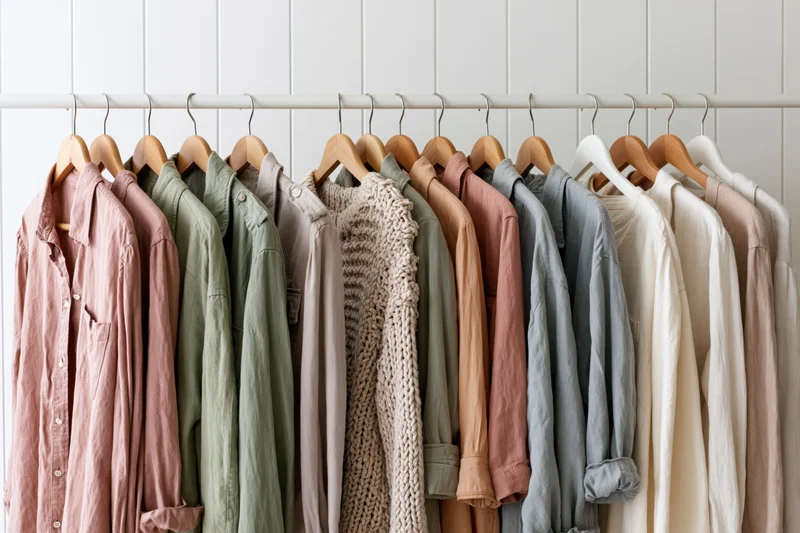 Row of casual garments on wooden hangers arranged on a clothing rack against a white wall