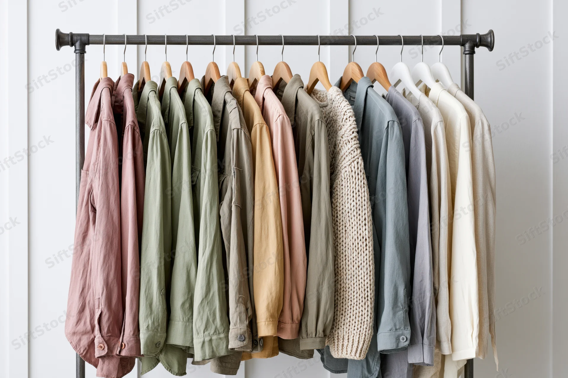 Row of casual garments hanging on a wooden rack against a white wall