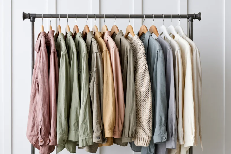 Row of casual garments hanging on a wooden rack against a white wall