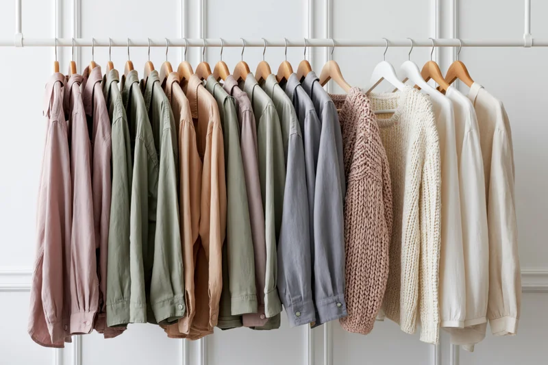 Row of casual shirts and sweaters hanging on wooden hangers on a white rack against a white paneled wall