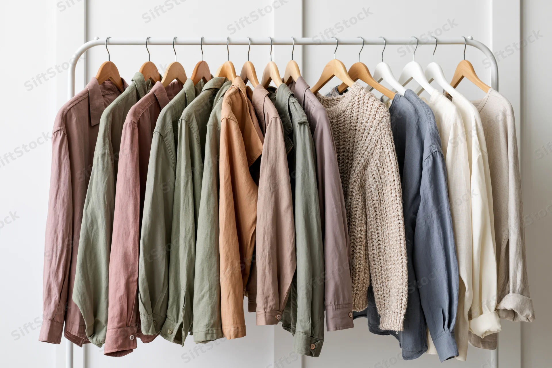 Casual garments hanging on a white rack with wooden hangers in a minimalist setting