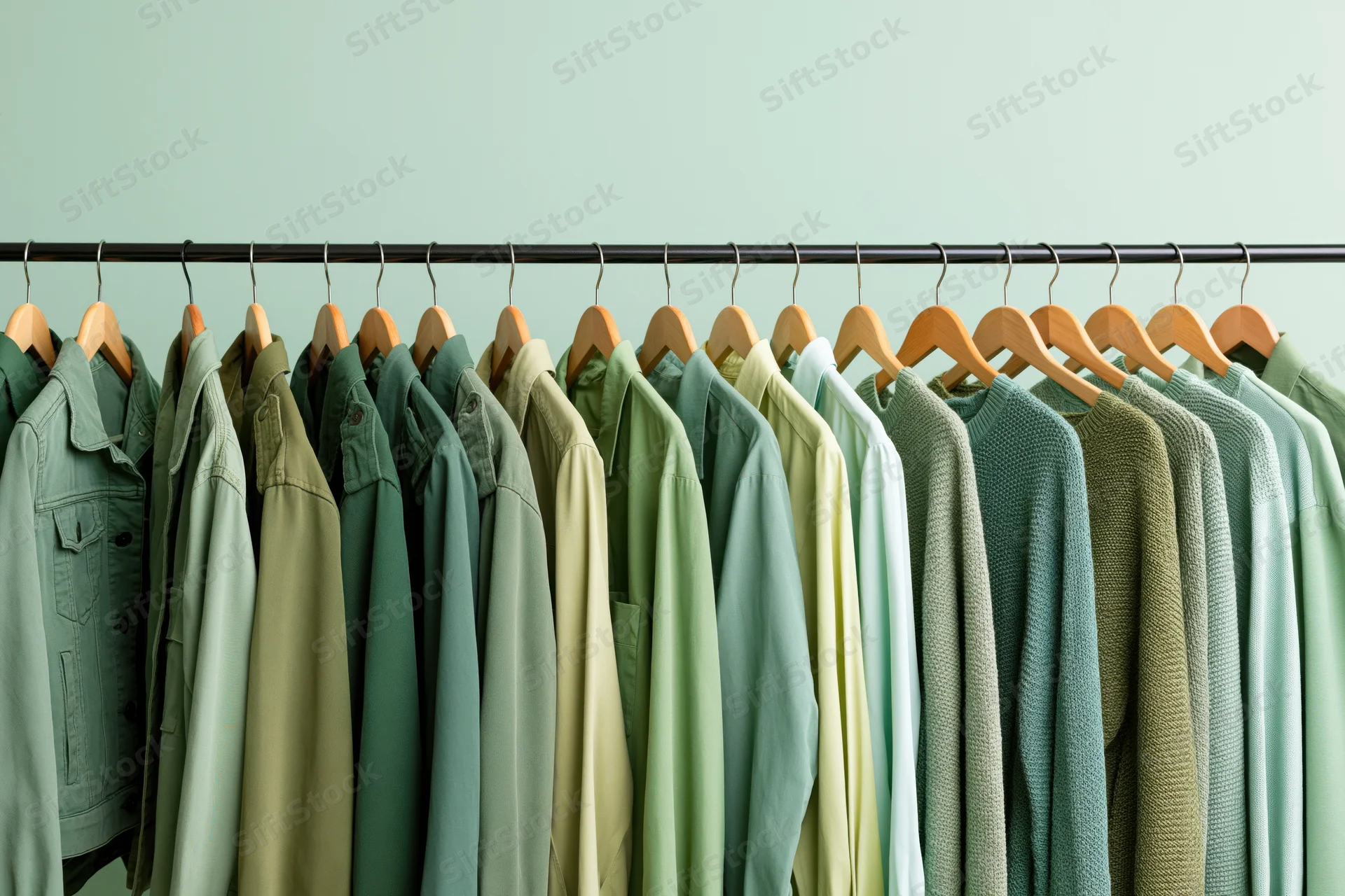 Row of green garments on wooden hangers arranged on a metal rack against a light green wall