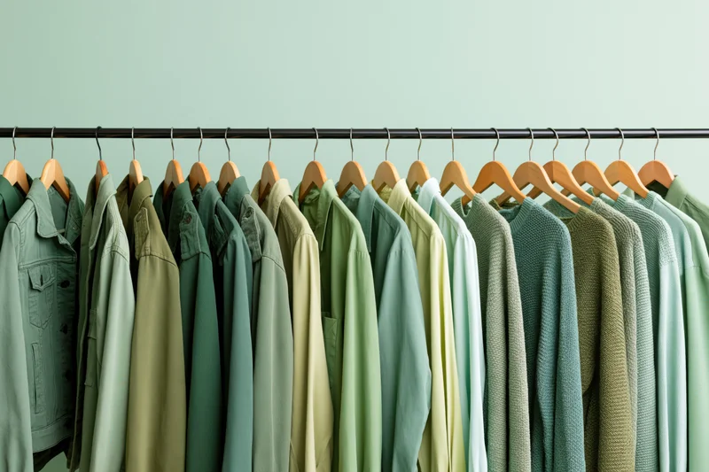 Row of green garments on wooden hangers arranged on a metal rack against a light green wall