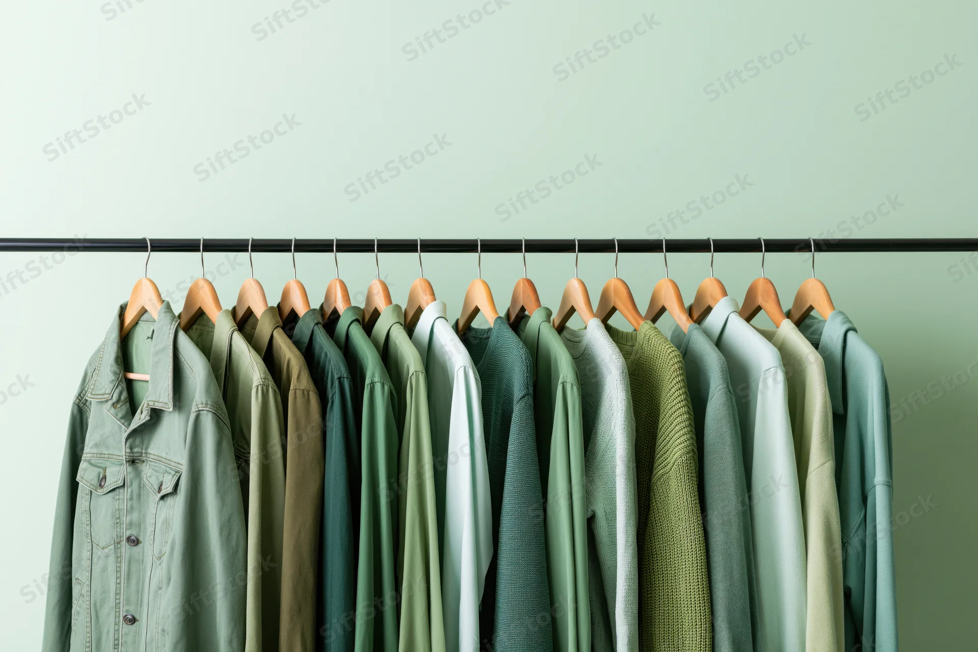 Row of green garments hanging on wooden hangers on a black rack against a light green wall