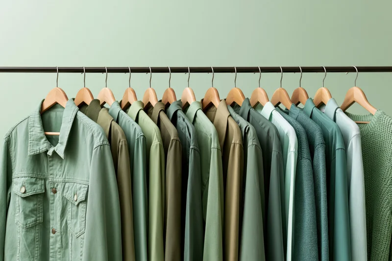 Row of green garments hanging on wooden hangers on a clothing rack against a pale green wall