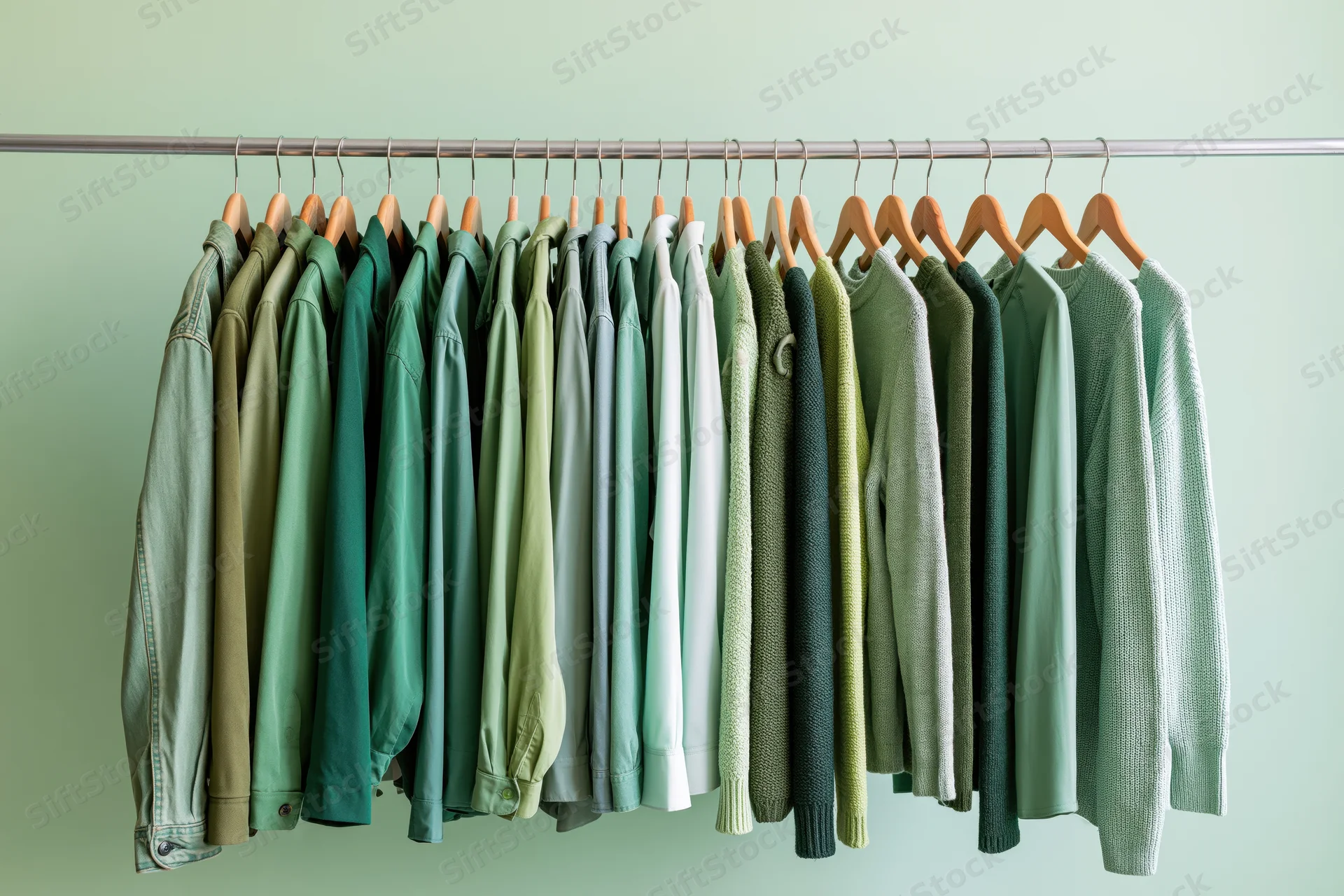 Row of green garments hanging on a metal rack against a light green wall