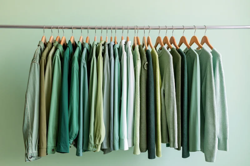 Row of green garments hanging on a metal rack against a light green wall