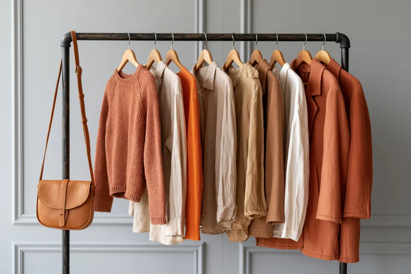 Clothing rack with eight garments on wooden hangers and a leather bag, arranged in neutral earth tones against a gray paneled wall