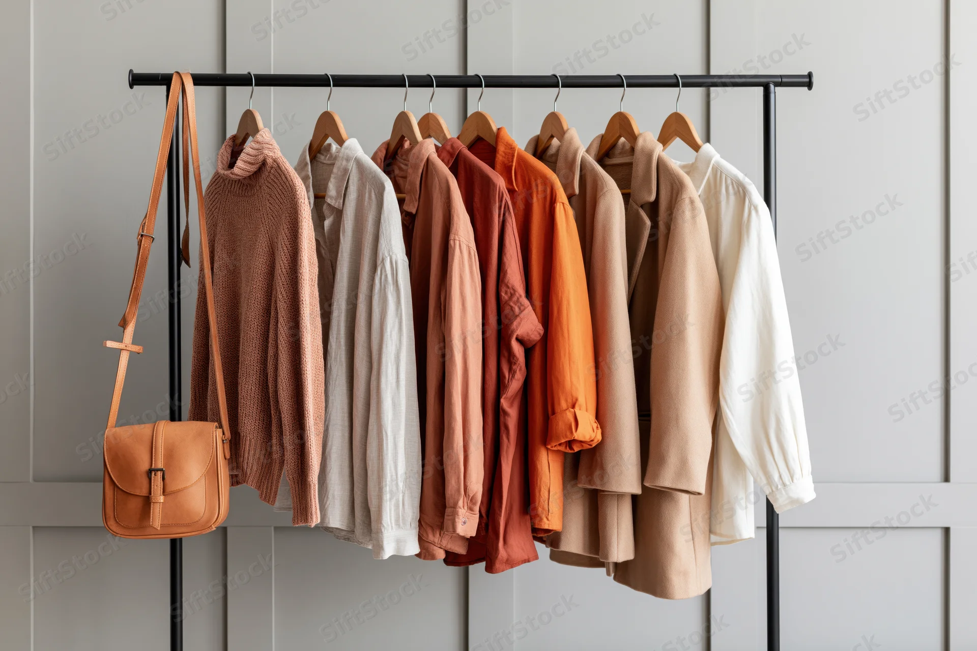 Clothing rack with eight garments on wooden hangers against a gray paneled wall