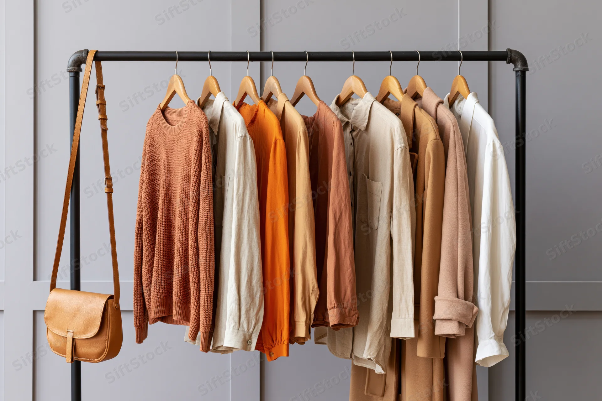 Clothing rack with eight garments on wooden hangers and a leather bag, arranged in neutral earth tones against a gray wall
