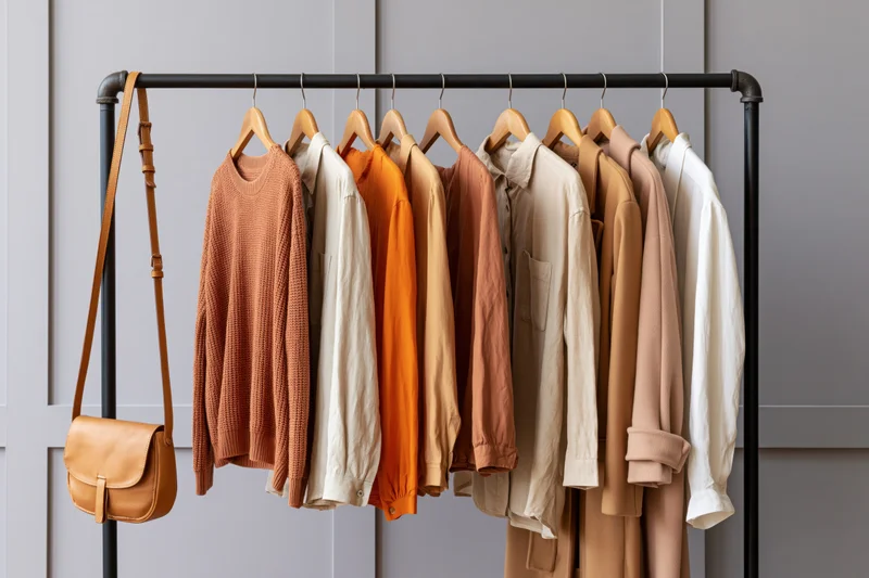 Clothing rack with eight garments on wooden hangers and a leather bag, arranged in neutral earth tones against a gray wall