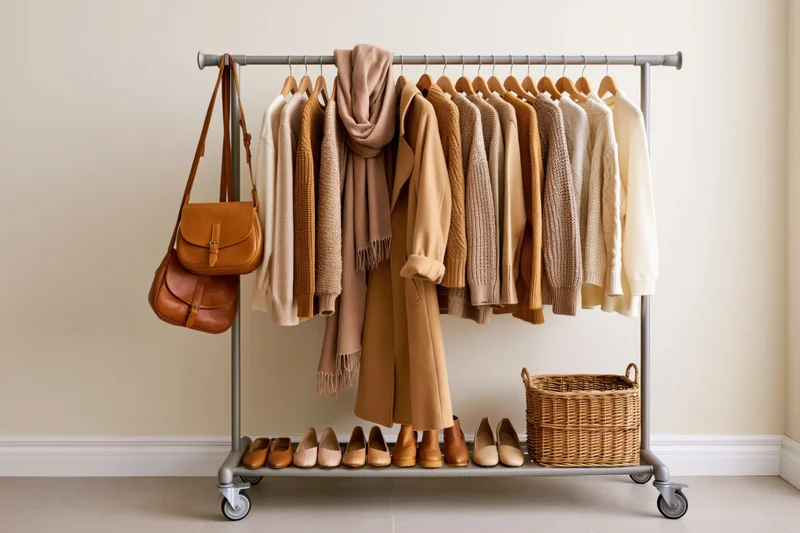 Clothing rack with autumn sweaters, coats, scarf, handbag, shoes and basket arranged neatly in a minimalist home interior