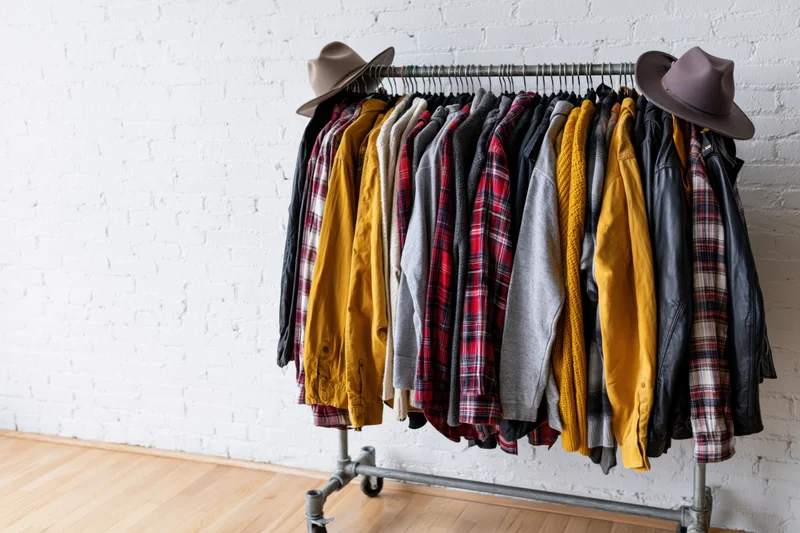 Clothing rack with hanging flannel shirts, jackets and hats against white brick wall in retail space