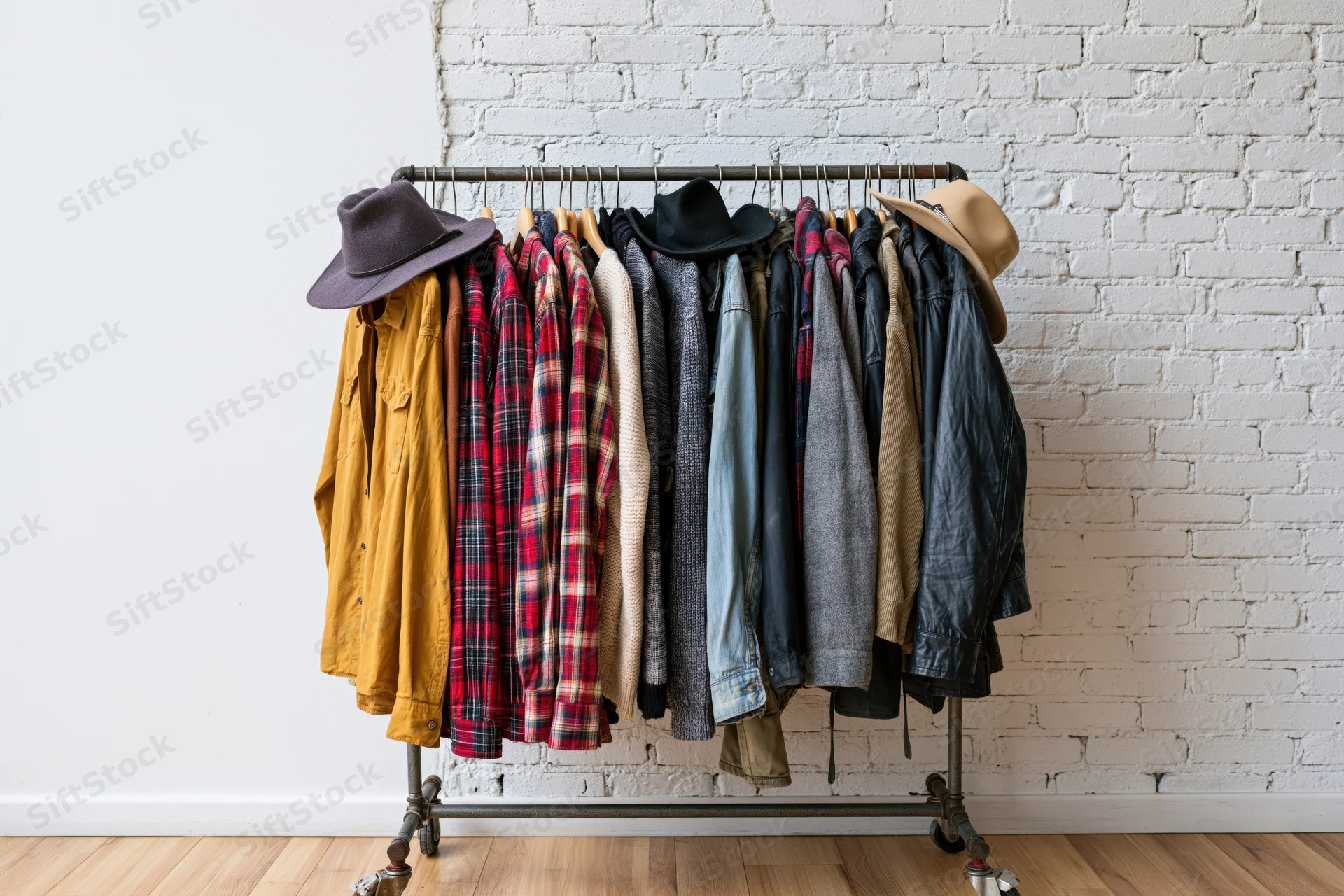 Clothing rack with hanging garments and hats against white brick wall in retail space