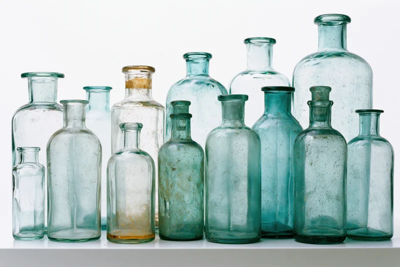Antique glass bottles arranged in a row on a white surface