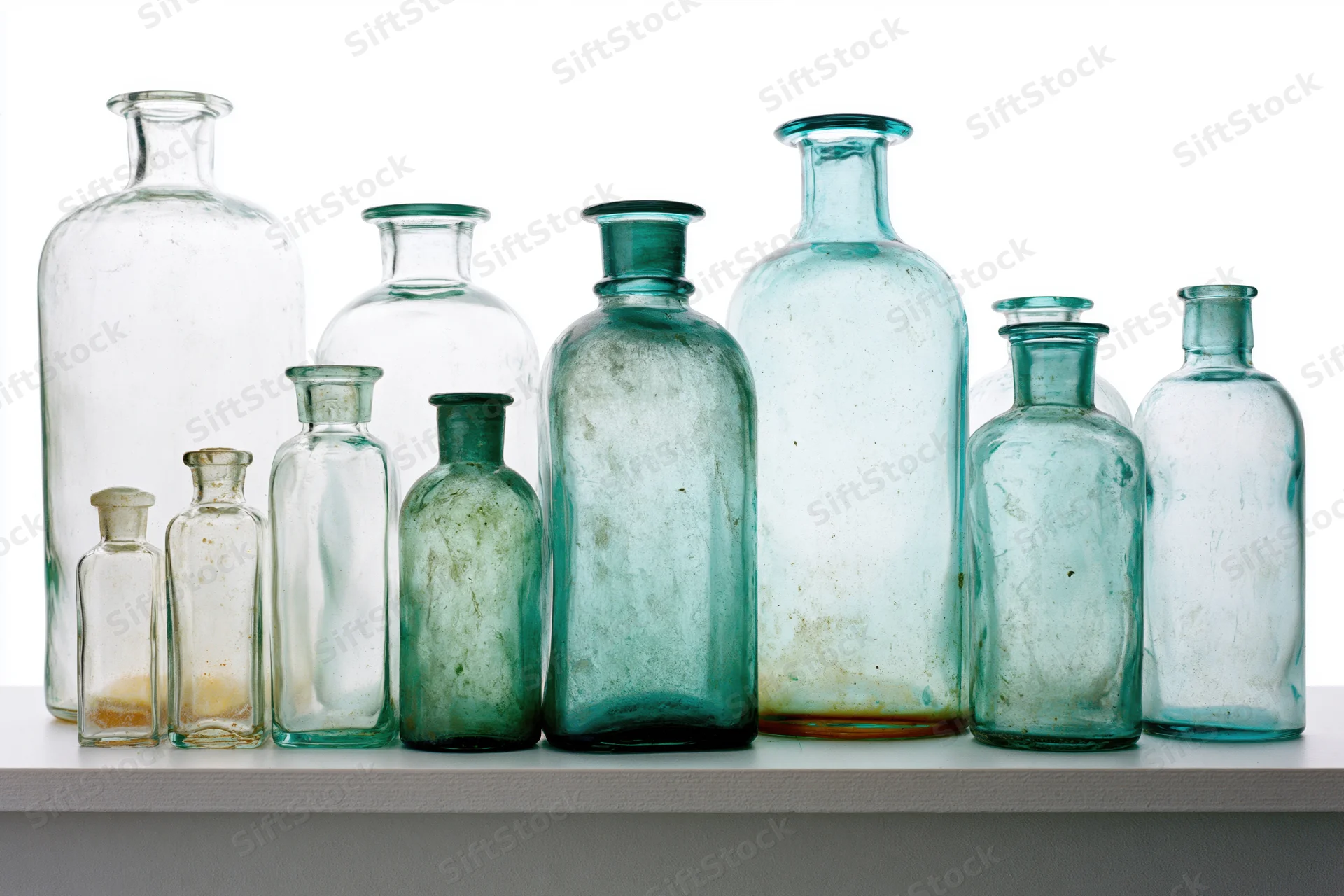 Antique glass bottles arranged in a row on a white shelf