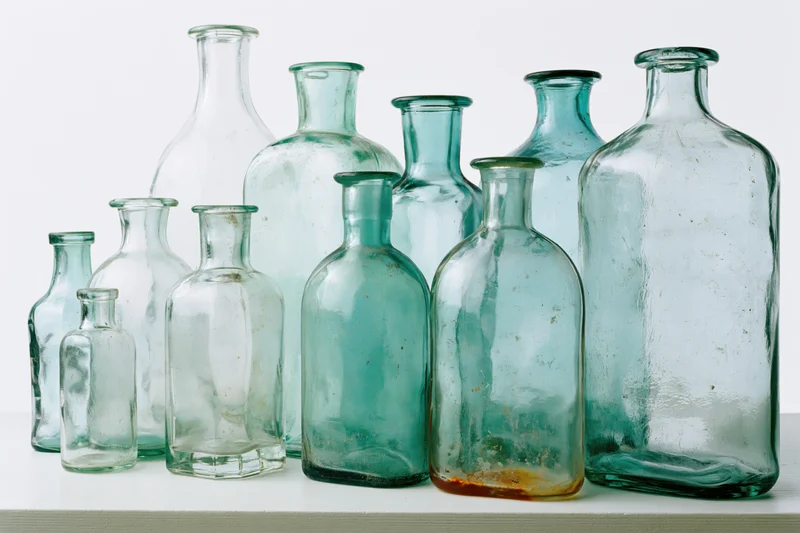 Antique glass bottles arranged in a row on a white surface